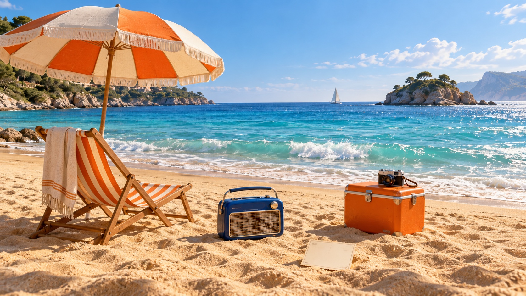 A sunlit beach with a striped umbrella, lounge chair and radio beside turquoise water